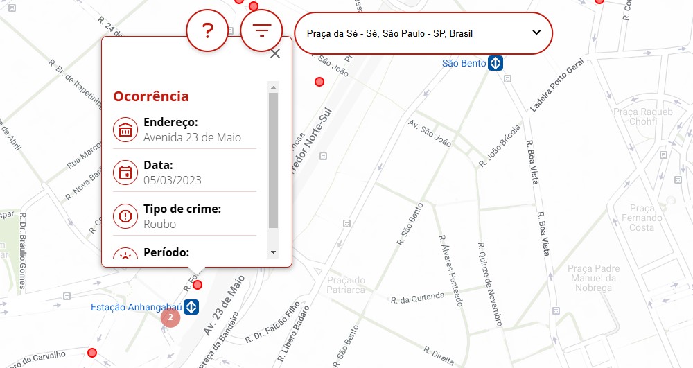 Mapa de furtos e roubos de carros em SP feito pelo G1.